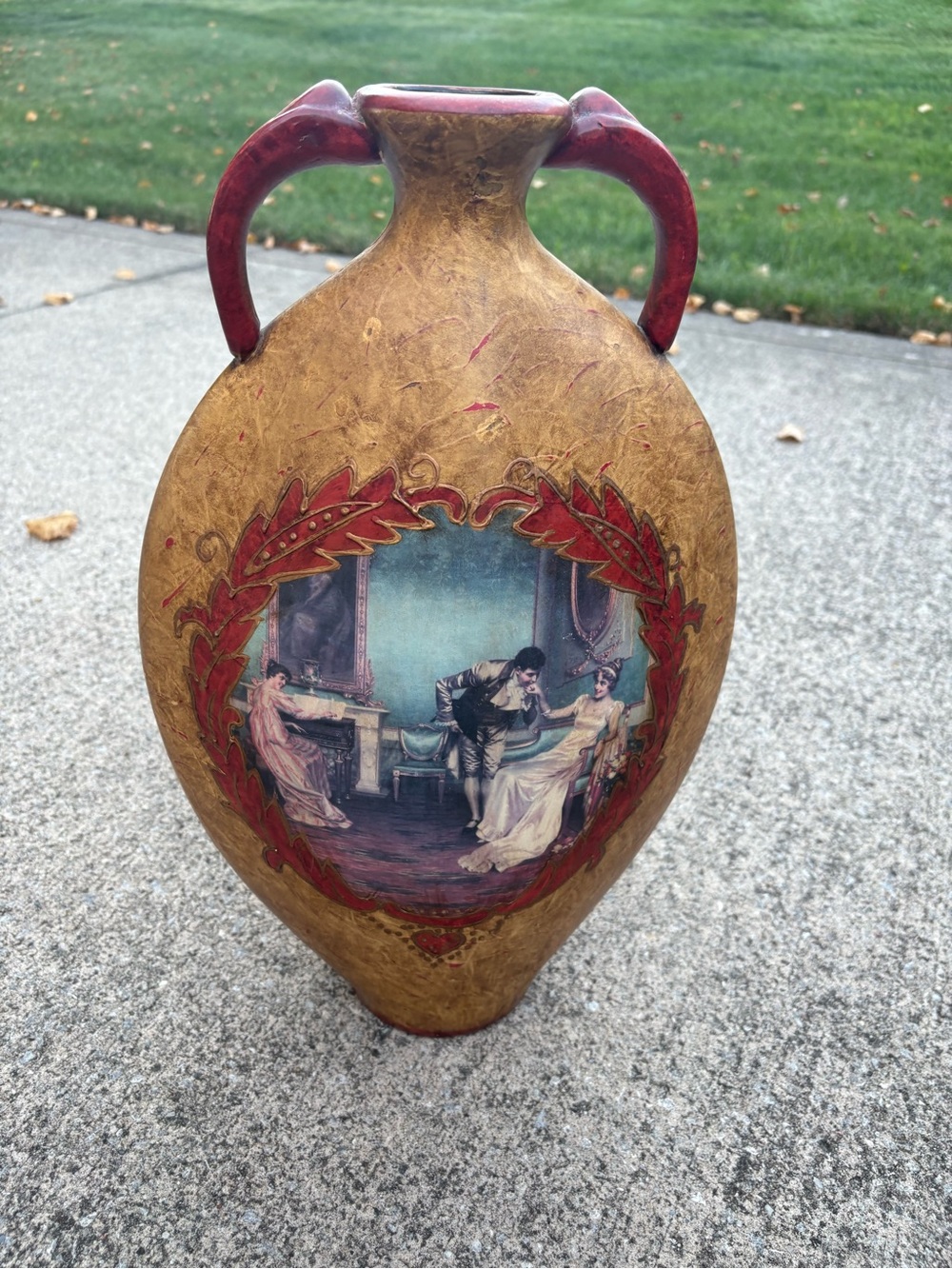 Vintage Gold & Red Decorative Vase with Classical Scene